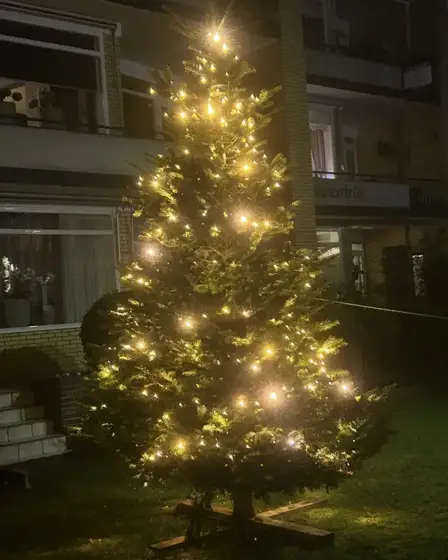 Grote verlichte kerstboom buiten voor een appartementengebouw