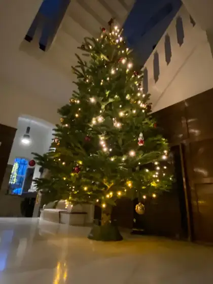 Hoge, verlichte kerstboom in een ruime hal