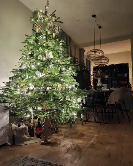 Kerstboom met witte en gouden versiering in een woonkamer