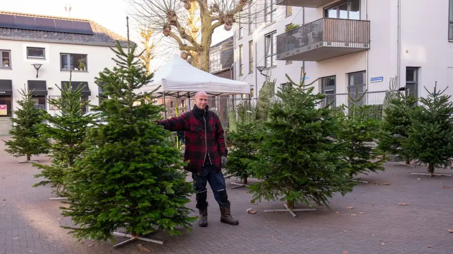Het verkooppunt in Leusden aan De Biezenkamp, met rijen kerstbomen