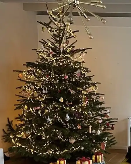Grote verlichte kerstboom onder een gouden hanglamp