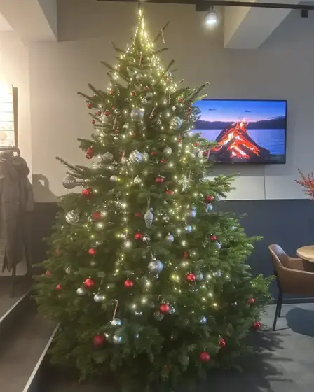 Kerstboom met rode en zilveren ballen in een zakelijke ruimte