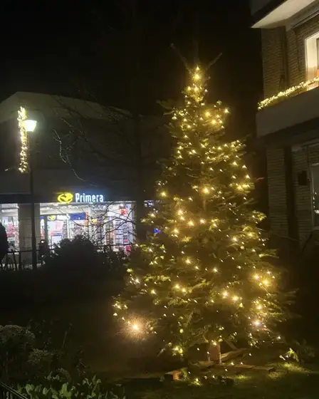 Verlichte kerstboom buiten in de avond